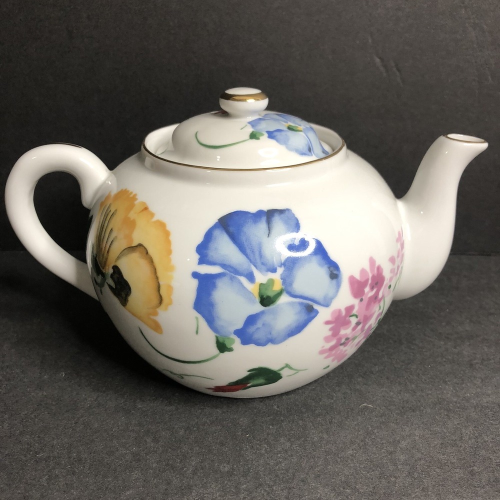 Takahashi Felice Teapot San Francisco Floral With Lid Blue Yellow Gold Poppies
